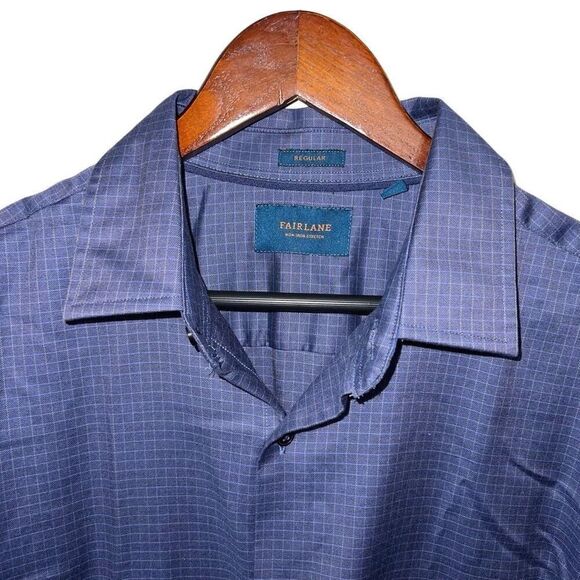 FAIRLANE Men’s Blue Checkered Long Sleeve Dress Shirt Size Regular Non-Iron Stre - Picture 2 of 4